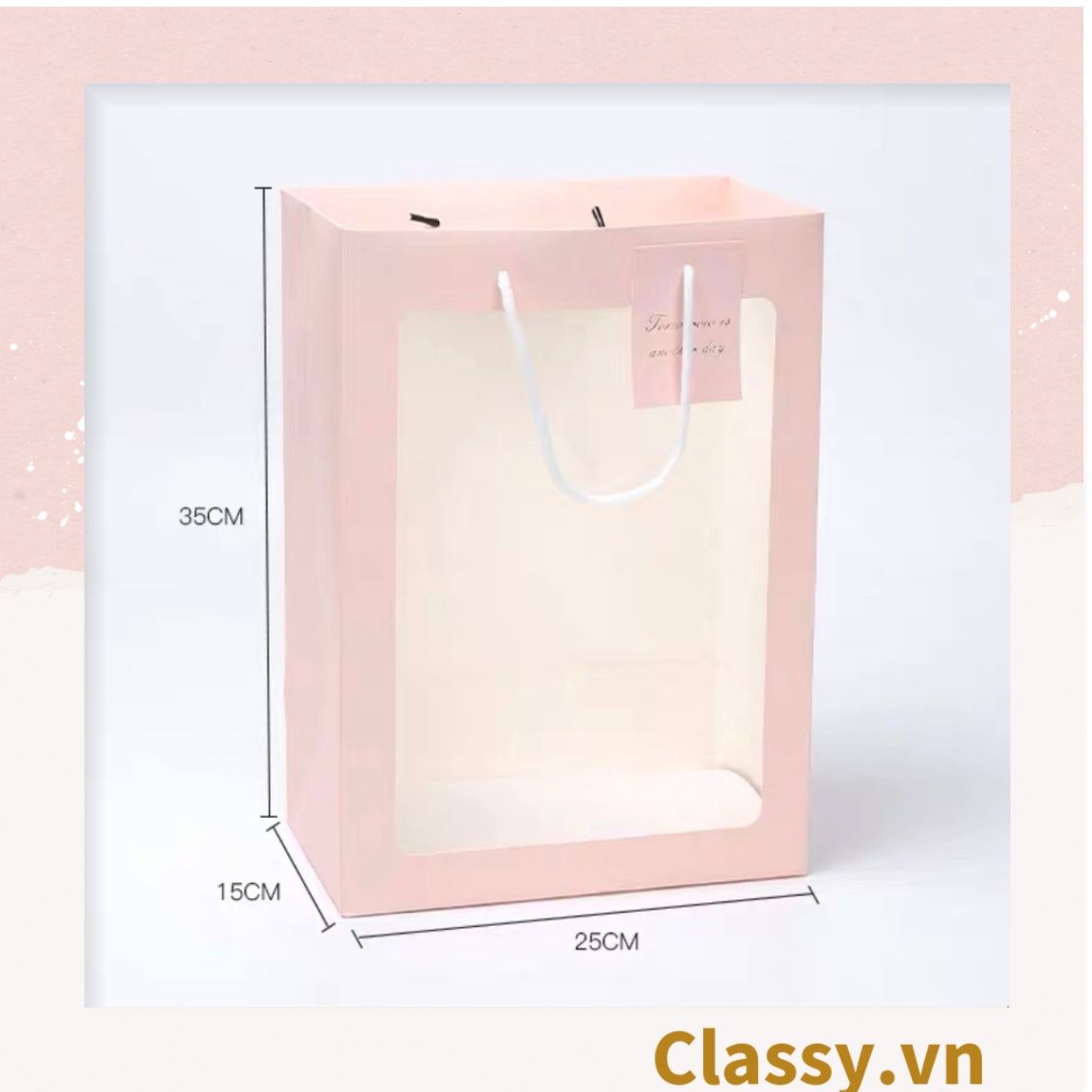  Classy Túi giấy hồng trong suốt kích thước 25x15x35CM dùng làm quà tặng Q1404 