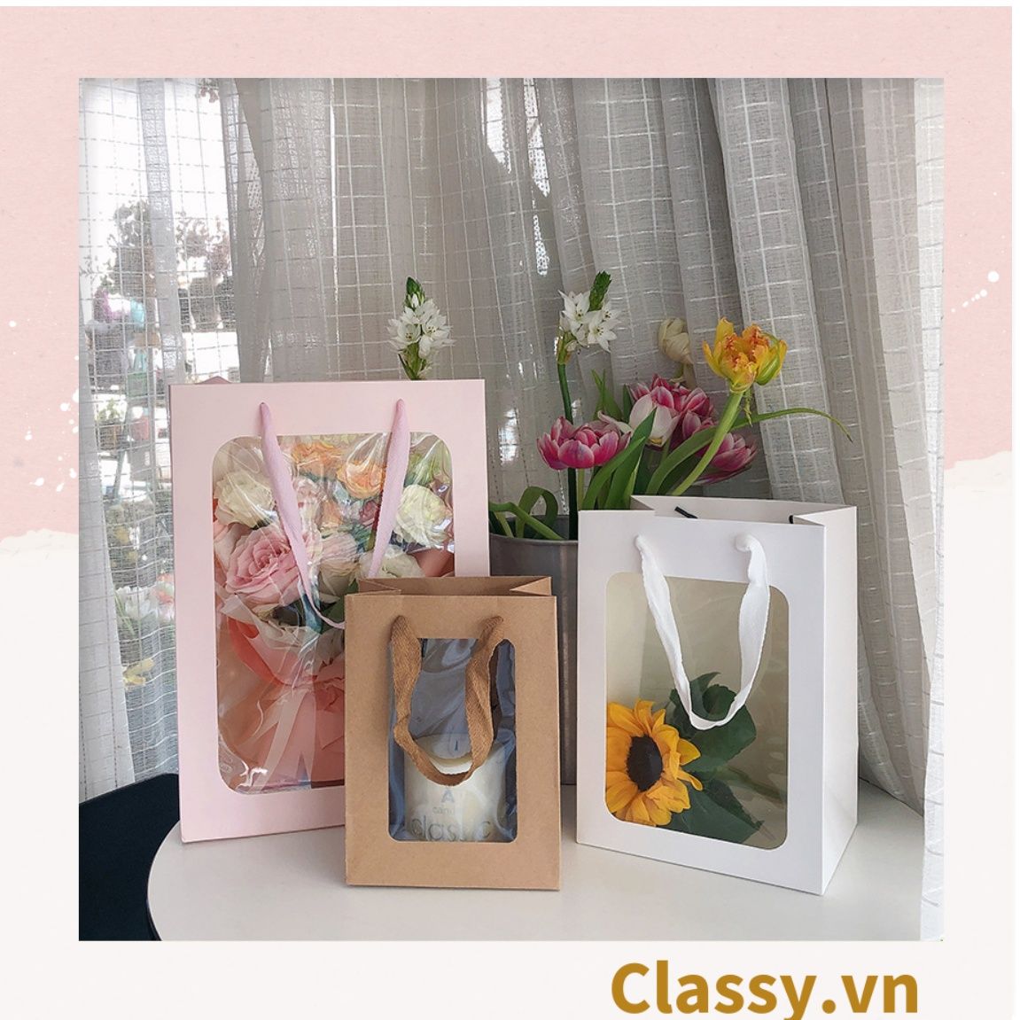  Classy Túi giấy hồng trong suốt kích thước 25x15x35CM dùng làm quà tặng Q1404 