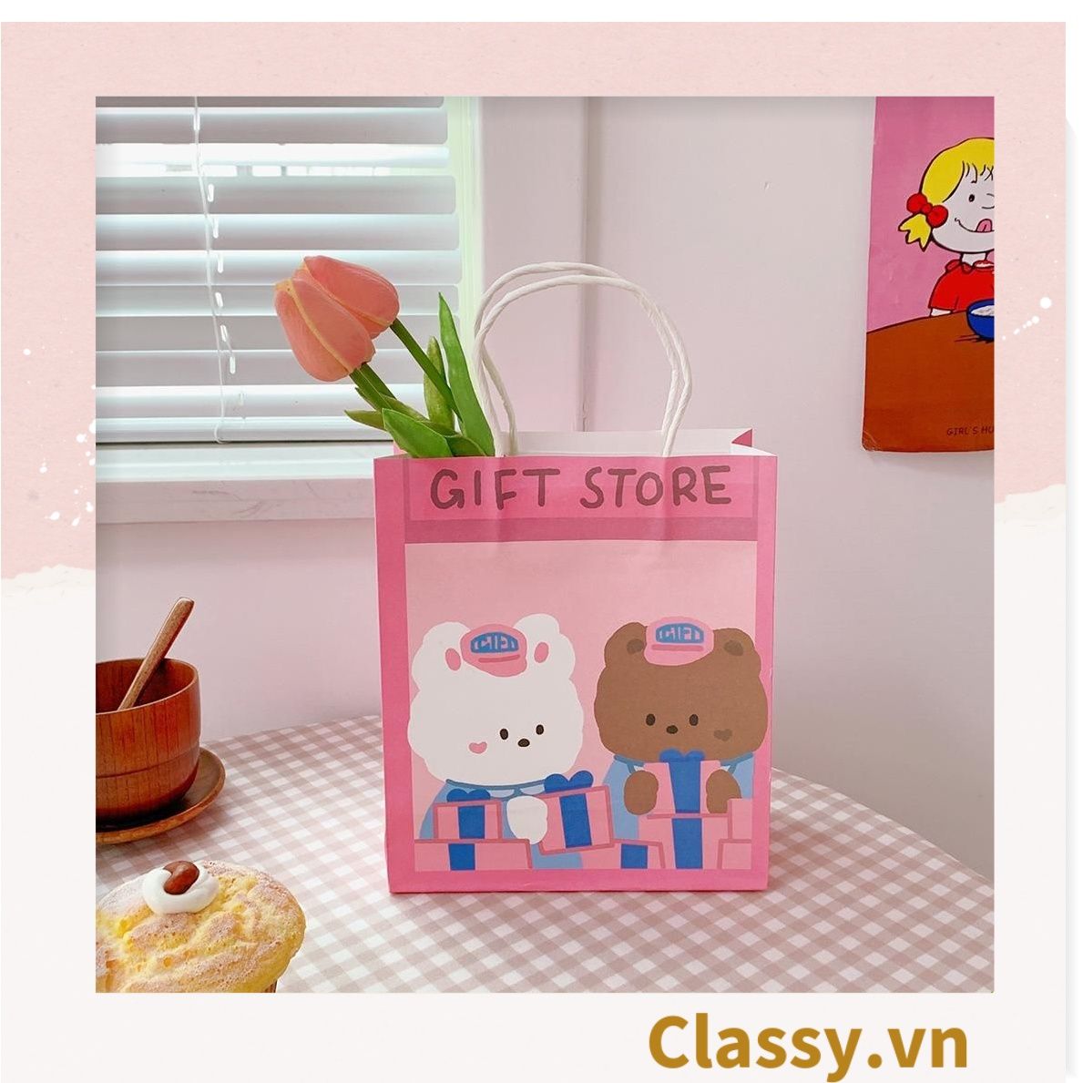  Classy Túi giấy đựng quà kích cỡ 17.5x21x7.5CM họa tiết gấu ngẫu nhiên Q1508 