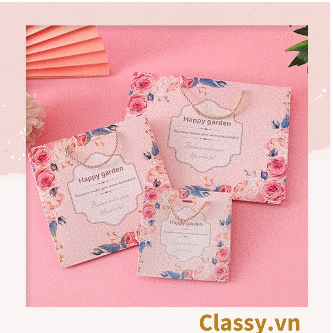  Classy Túi giấy quai xách họa tiết hoa hồng đính kèm ruy băng nơ Q1546 