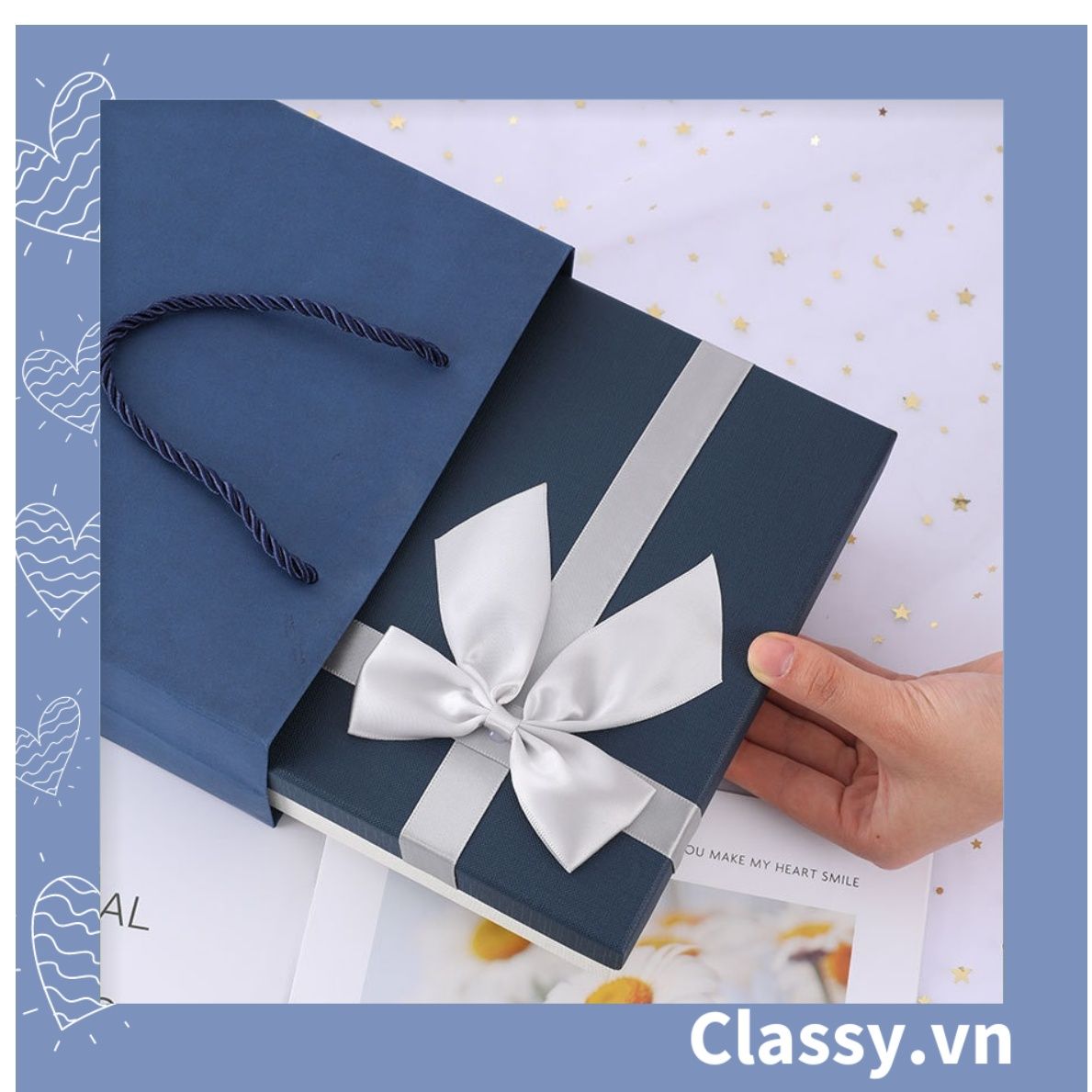  Classy Hộp quà tặng tông xanh xám sang trọng, chất liệu giấy cứng cáp Q1558 