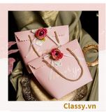  [GIAO HÀNG 7-25 NGÀY]  Classy Túi quà tặng, túi giấy quai xách đính hoa sang trọng Q1592 