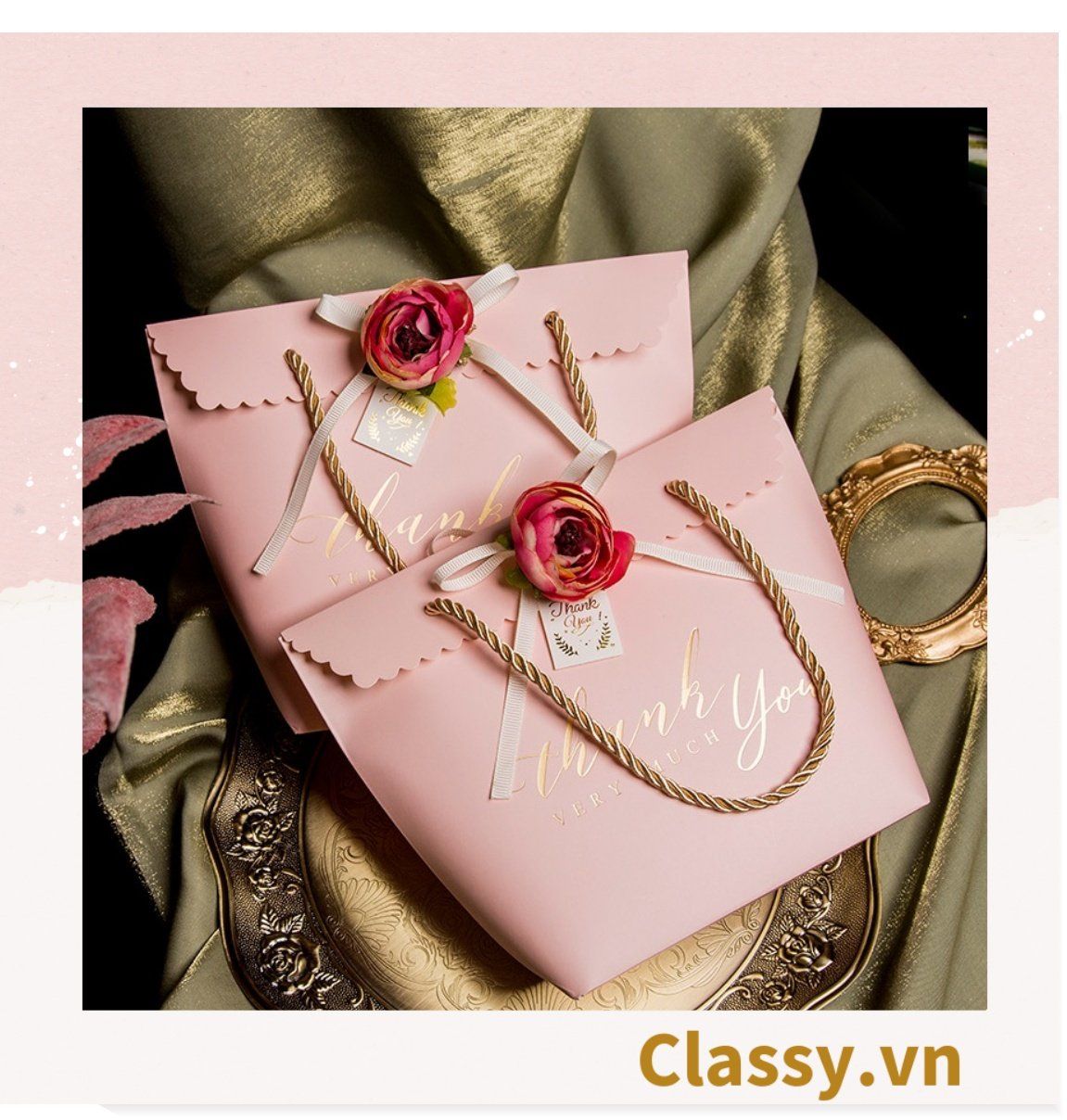  [GIAO HÀNG 7-25 NGÀY]  Classy Túi quà tặng, túi giấy quai xách đính hoa sang trọng Q1592 