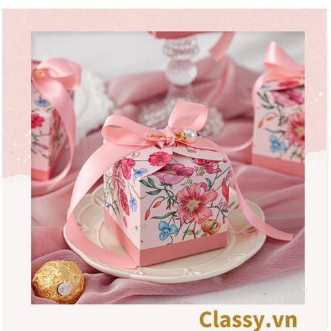  Hộp quà tặng tự gấp đính kèm ruy băng, đựng kẹo cưới, quà cảm ơn, màu đỏ thanh lịch Q1709 