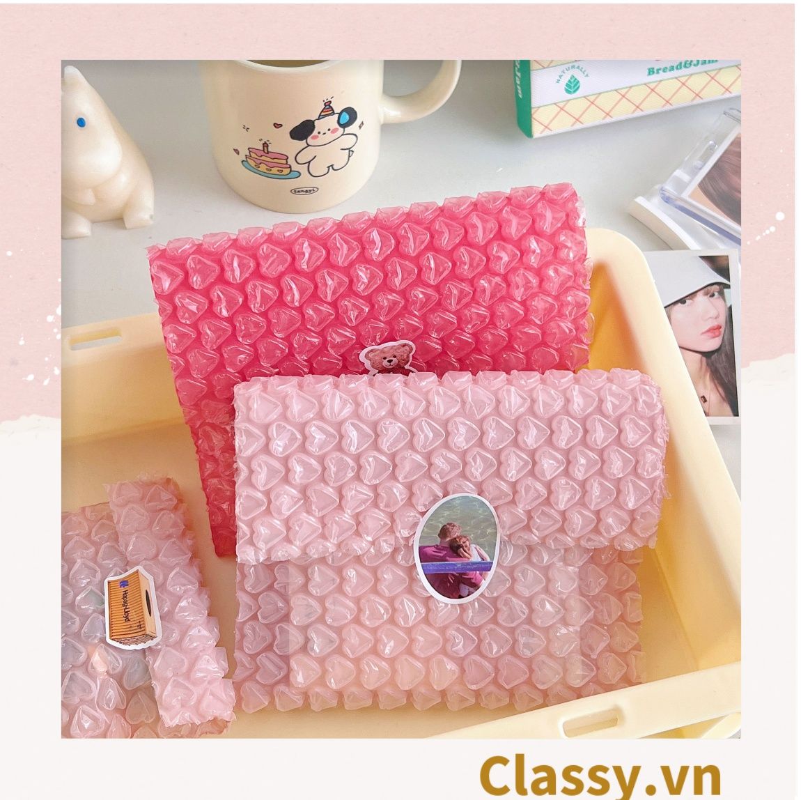  [GIAO HÀNG 7-25 NGÀY] Túi chống sốc Classy đóng gói quà tặng bong bóng tình yêu màu hồng kích thước 10 X 10 cm Q1721 