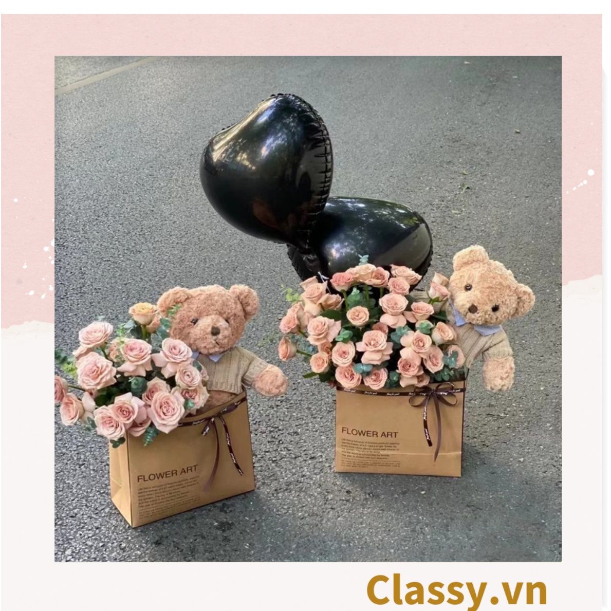  Túi giấy quai xách 30 X 25 X 13 cm đựng hoa trang trí in chữ Flower Art màu Nâu kraft vintage Q1727 (không kèm gấu, hoa, ruy băng) 