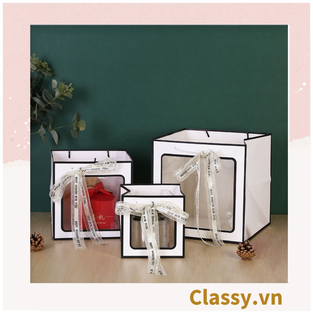  [GIAO HÀNG 7-25 NGÀY]  Classy Túi giấy hồng trong suốt kích thước 30*30*30 hoặc 15*15*15 dùng làm quà tặng Q1752 