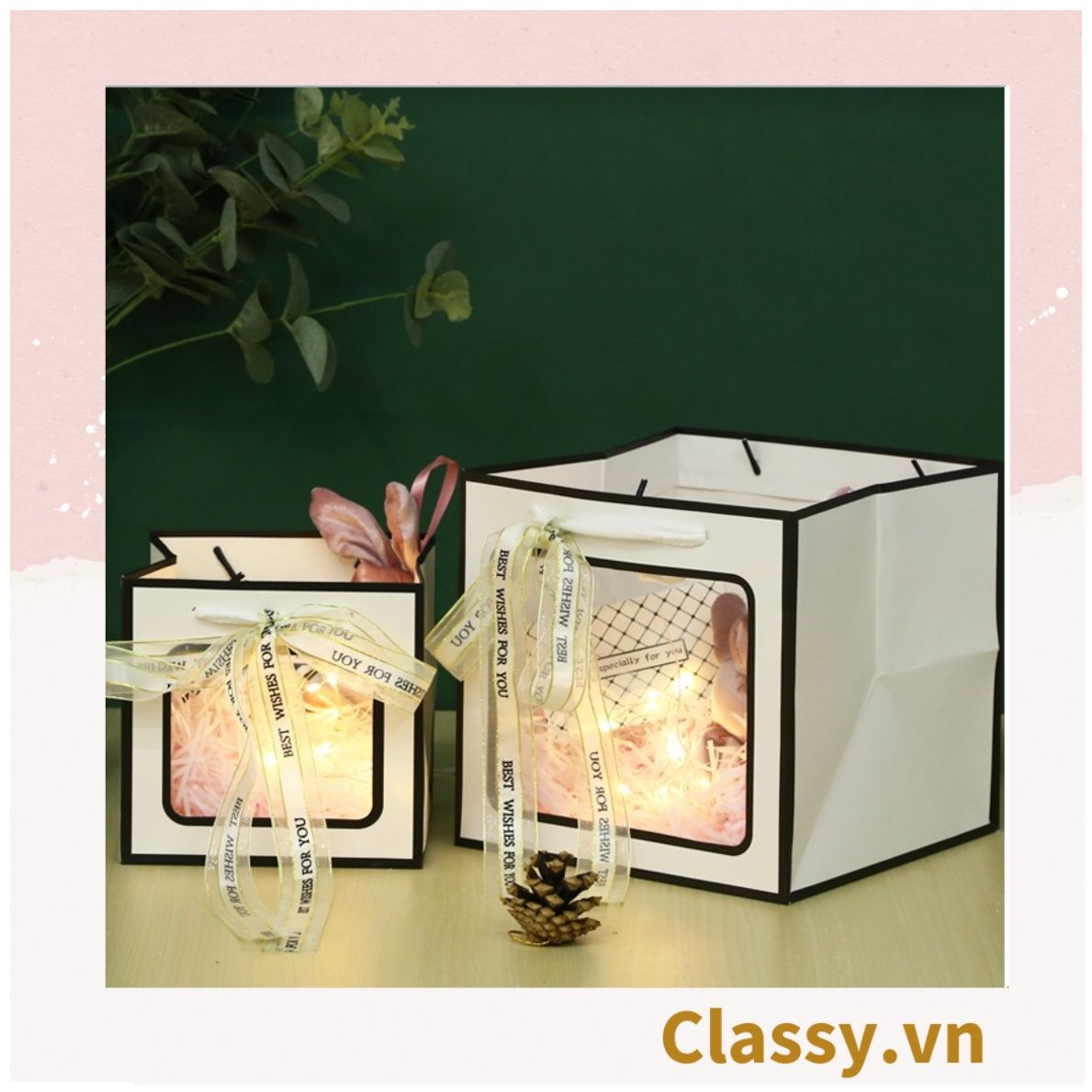  Classy Túi giấy hồng trong suốt kích thước 30*30*30 hoặc 15*15*15 dùng làm quà tặng Q1752 