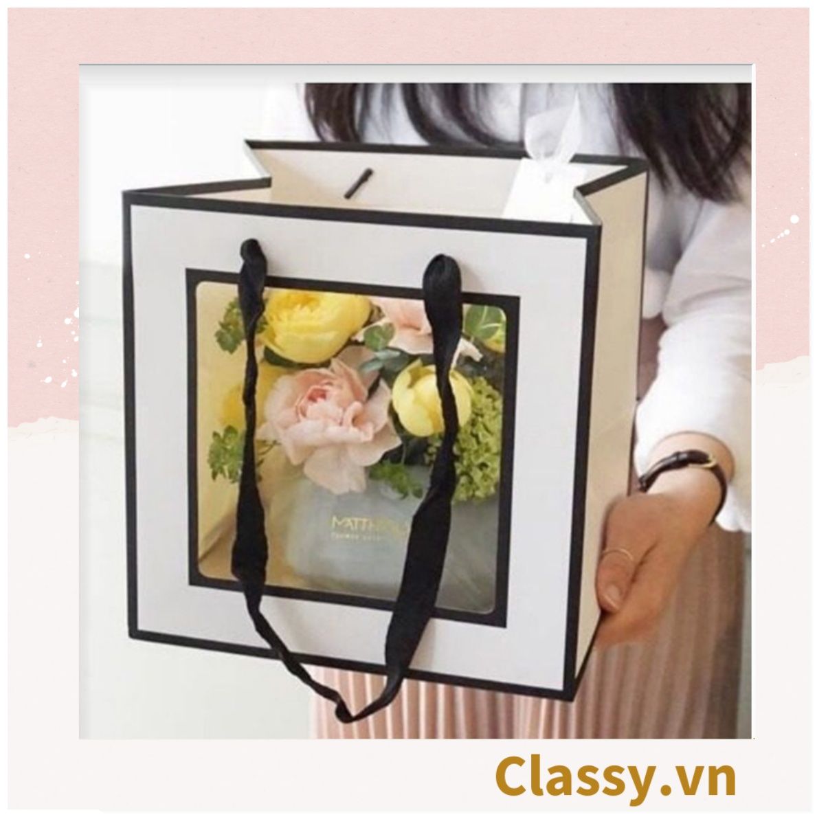  [GIAO HÀNG 7-25 NGÀY]  Classy Túi giấy hồng trong suốt kích thước 30*30*30 hoặc 15*15*15 dùng làm quà tặng Q1752 