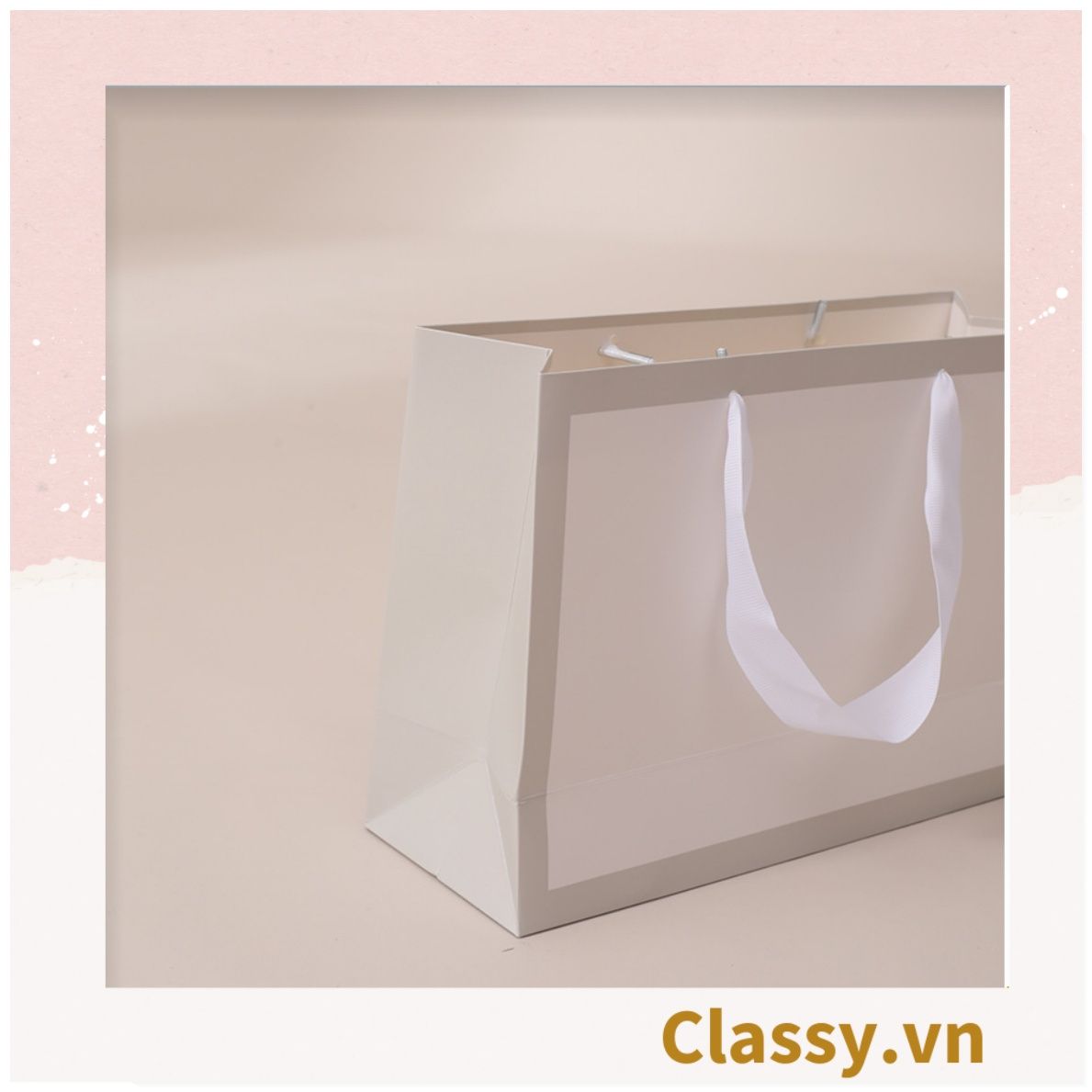  [GIAO HÀNG 7-25 NGÀY] TÚI GIẤY DÀY DẶN size lớn quai bằng ruy băng, kiểu dọc và ngang họa tiết đơn giản,  LÀM QUÀ TẶNG MÀU TRẰNG, Q1754 