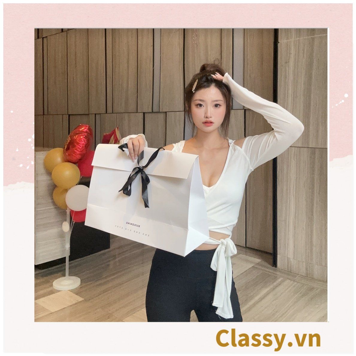  [GIAO HÀNG 7-25 NGÀY]  TÚI GIẤY DÀY DẶN màu trắng gắn ruy băng nơ kích thước 32*25*10 CM ghi chữ Beckoning LÀM QUÀ TẶNG MÀU TRẰNG Q1768 
