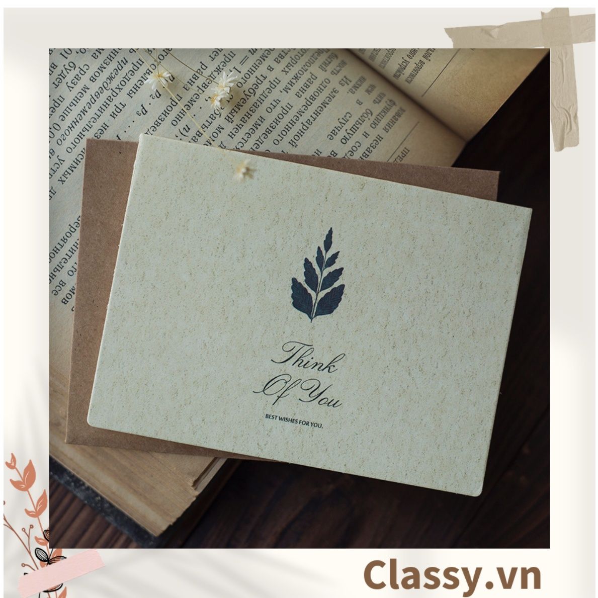  Thiệp Cổ điển Vintage in hình lá cây hoặc hoa vintage, giấy art sang trọng kèm phong bì giấy kraft và nhãn dán sticker Q625 