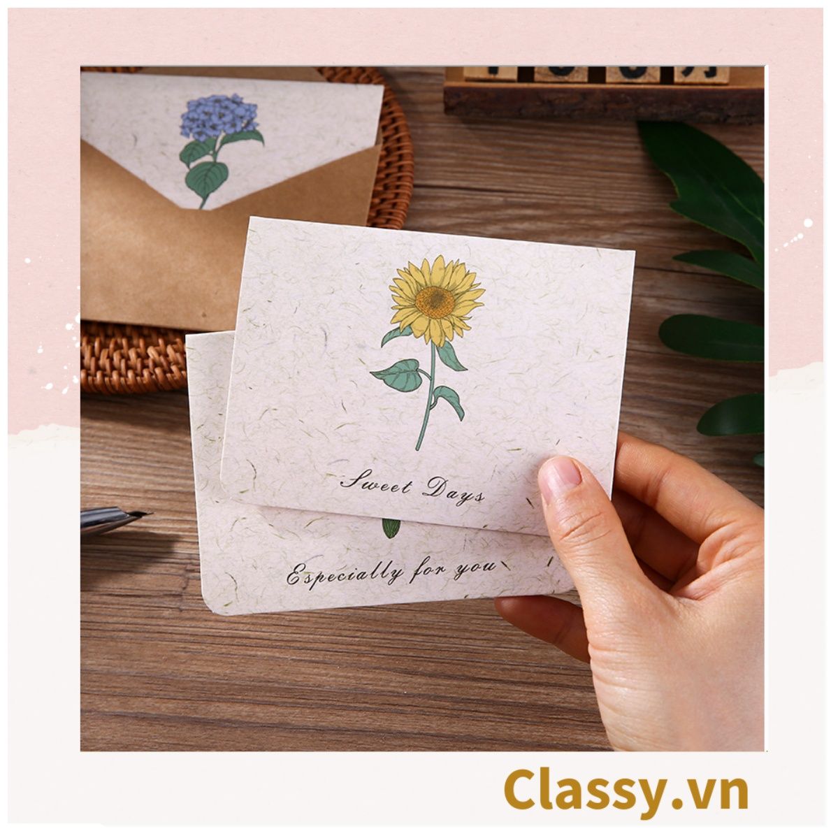  Thiệp Cổ điển Vintage in hình lá cây hoặc hoa vintage, giấy art sang trọng kèm phong bì giấy kraft và nhãn dán sticker Q625 