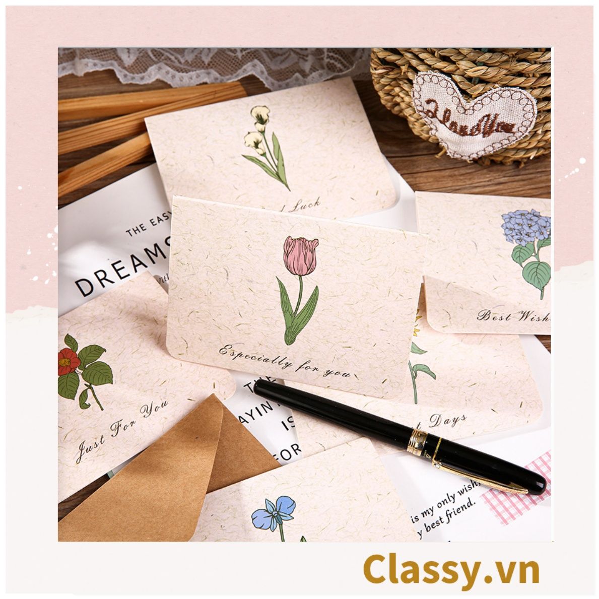  Thiệp Cổ điển Vintage in hình lá cây hoặc hoa vintage, giấy art sang trọng kèm phong bì giấy kraft và nhãn dán sticker Q625 