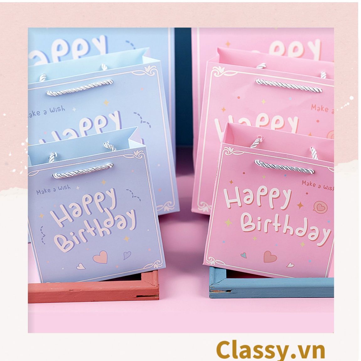  Túi giấy đựng quà in chữ Happy Birthday dây quai dù dễ thương, nhiều kích cỡ cực xinh Q720 