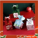  Hộp giấy Giáng sinh 9.5*8*8cm tự gấp hình viên kẹo, gắn ruy băng; in họa tiết NOEL vui vẻ Q765 