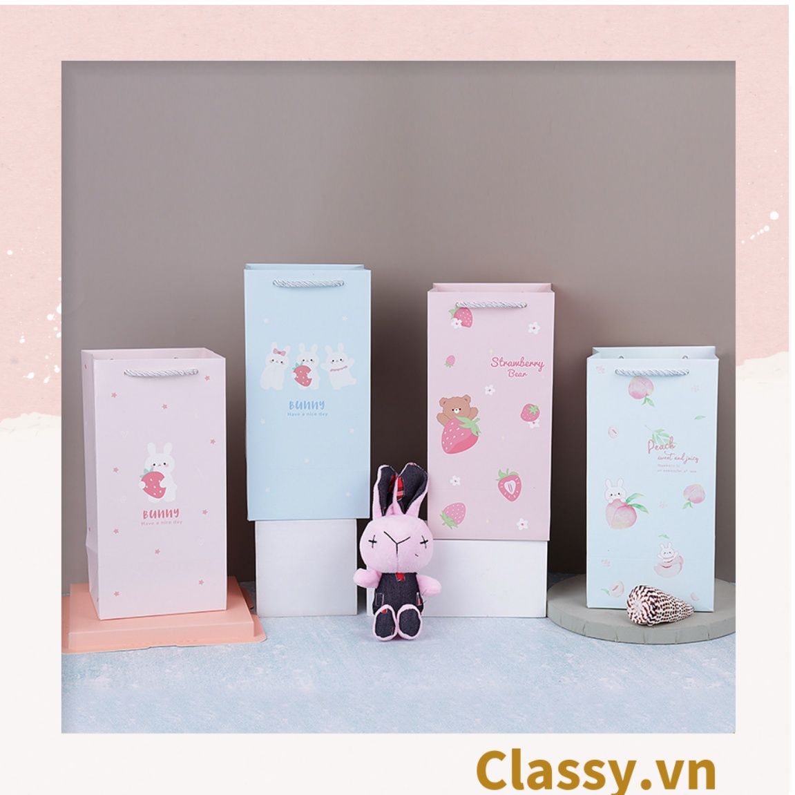  [GIAO HÀNG 7-25 NGÀY]   Túi giấy đựng quà 24,5 * 12,5 * 9,5cm họa tiết mèo thỏ voi gấu cực xinh Q975 