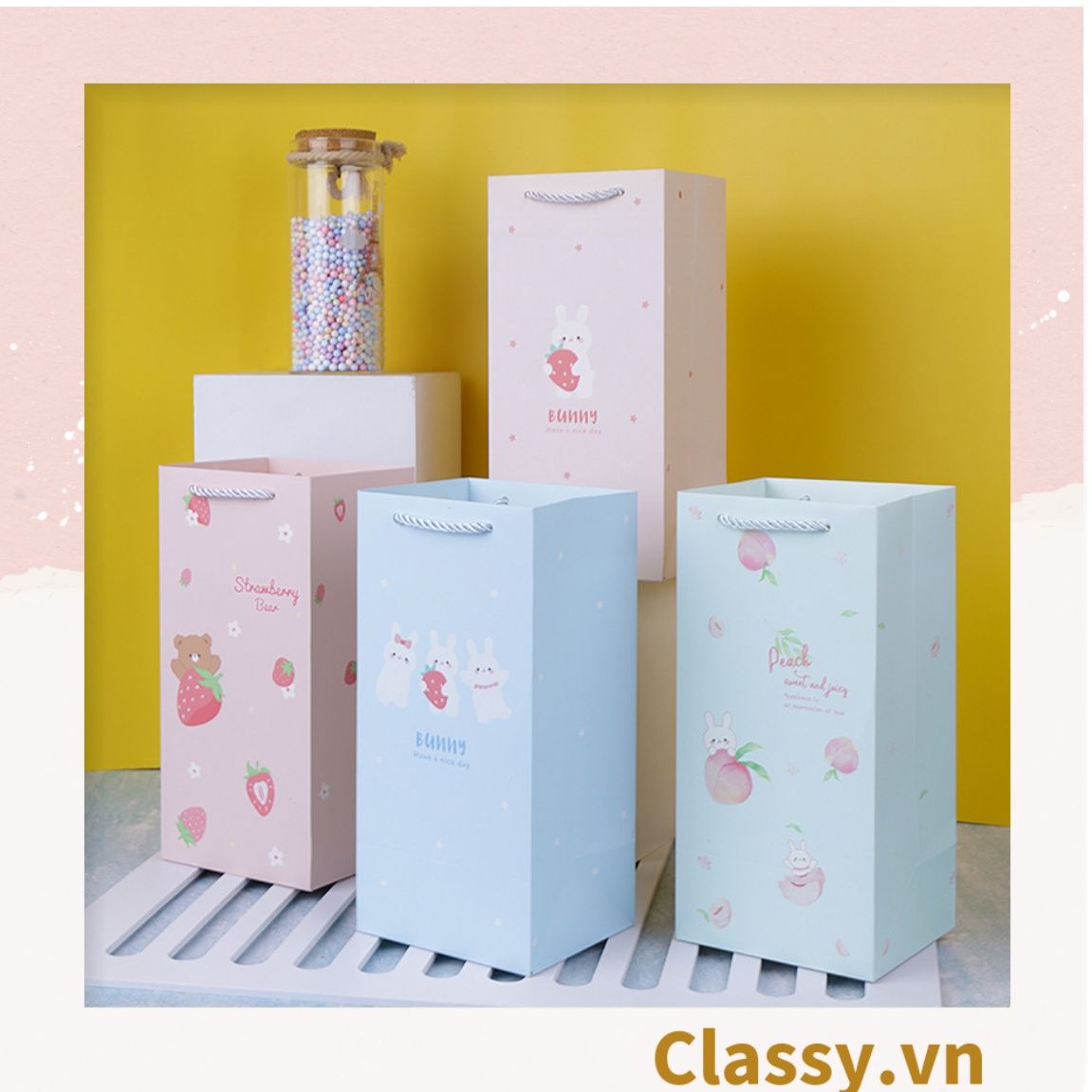  [GIAO HÀNG 7-25 NGÀY]   Túi giấy đựng quà 24,5 * 12,5 * 9,5cm họa tiết mèo thỏ voi gấu cực xinh Q975 