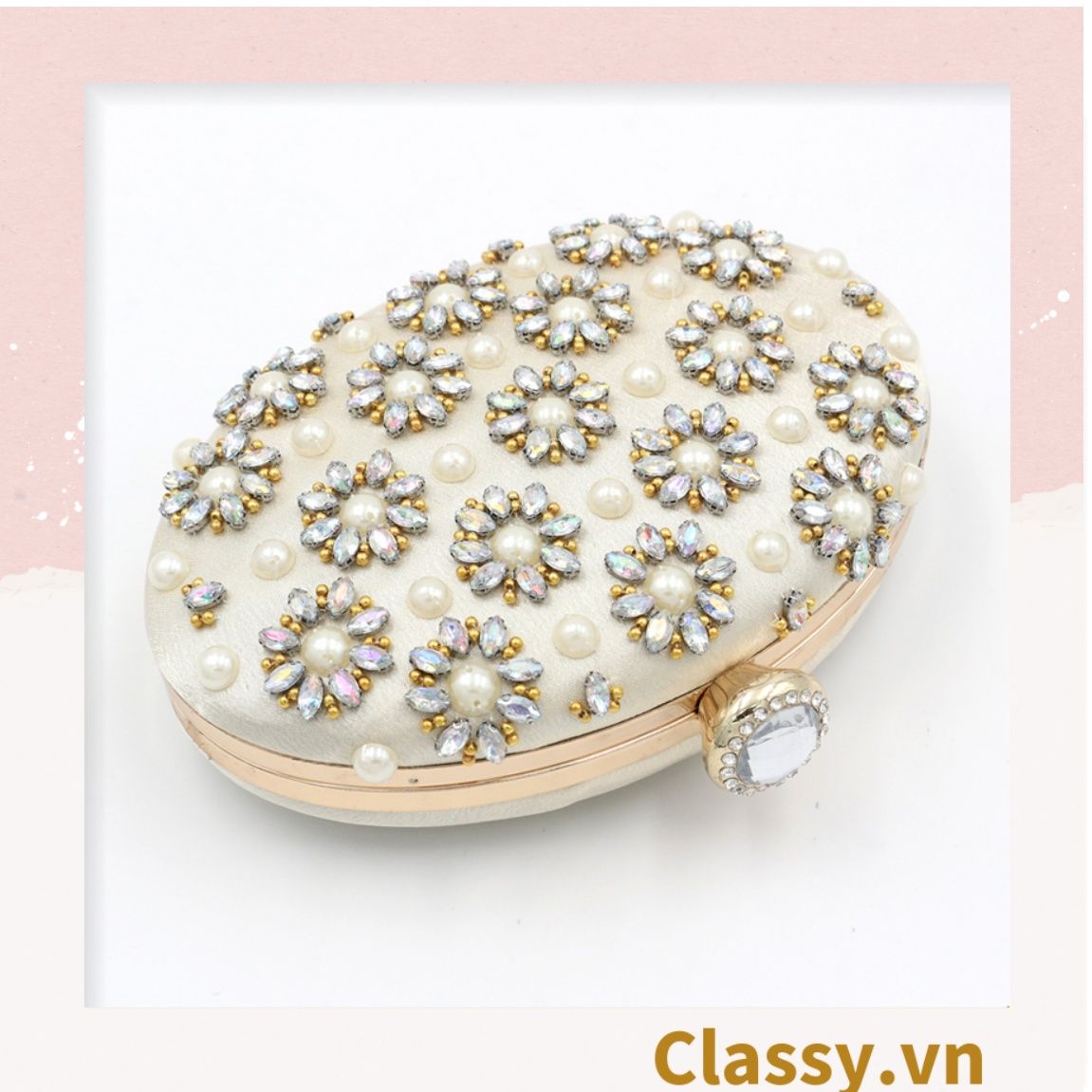  Clutch cầm tay túi dự tiệc, hình oval 20x5.5x13CM, màu trắng đính hạt sang trọng thời thượng T1188 