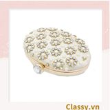  Clutch cầm tay túi dự tiệc, hình oval 20x5.5x13CM, màu trắng đính hạt sang trọng thời thượng T1188 