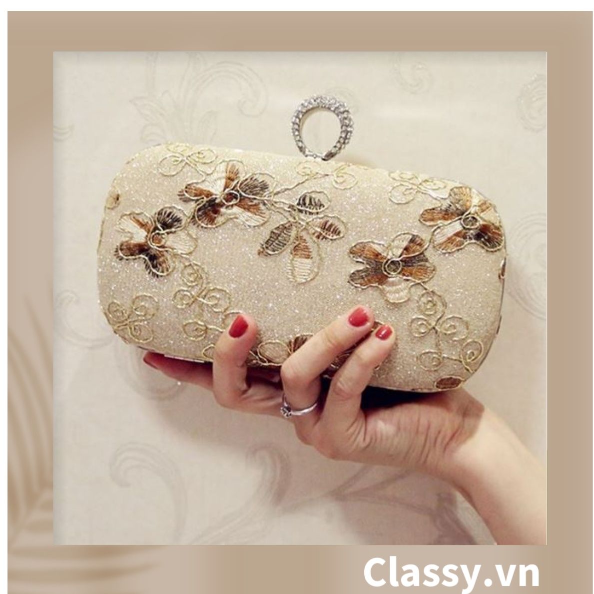  [GIAO HÀNG 7-23036 NGÀY]  Clutch cầm tay xỏ ngón thêu hoa thanh lịch trang nhã dành cho tiệc tối, mặc áo dài, dự sự kiện T158 