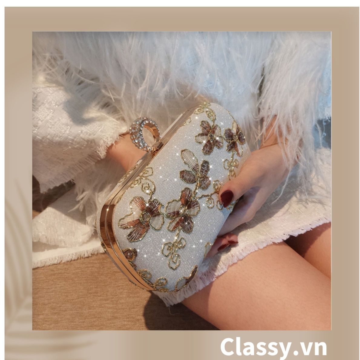  [GIAO HÀNG 7-23036 NGÀY]  Clutch cầm tay xỏ ngón thêu hoa thanh lịch trang nhã dành cho tiệc tối, mặc áo dài, dự sự kiện T158 