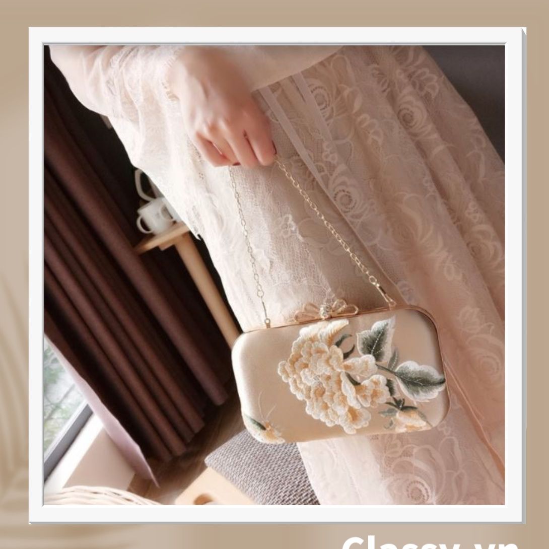  [GIAO HÀNG 7-23036 NGÀY]  Clutch cầm tay xỏ ngón thêu hoa thanh lịch trang nhã dành cho tiệc tối, mặc áo dài, dự sự kiện T158 