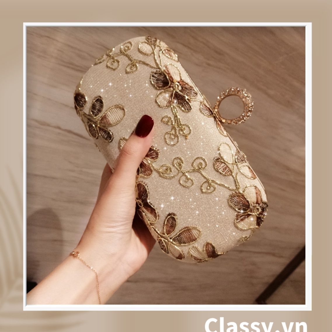  [GIAO HÀNG 7-23036 NGÀY]  Clutch cầm tay xỏ ngón thêu hoa thanh lịch trang nhã dành cho tiệc tối, mặc áo dài, dự sự kiện T158 