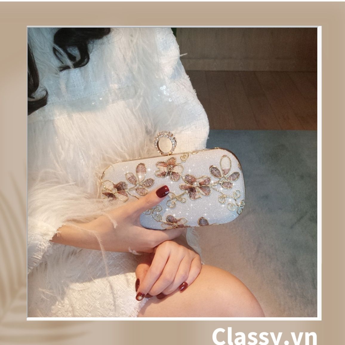  [GIAO HÀNG 7-23036 NGÀY]  Clutch cầm tay xỏ ngón thêu hoa thanh lịch trang nhã dành cho tiệc tối, mặc áo dài, dự sự kiện T158 