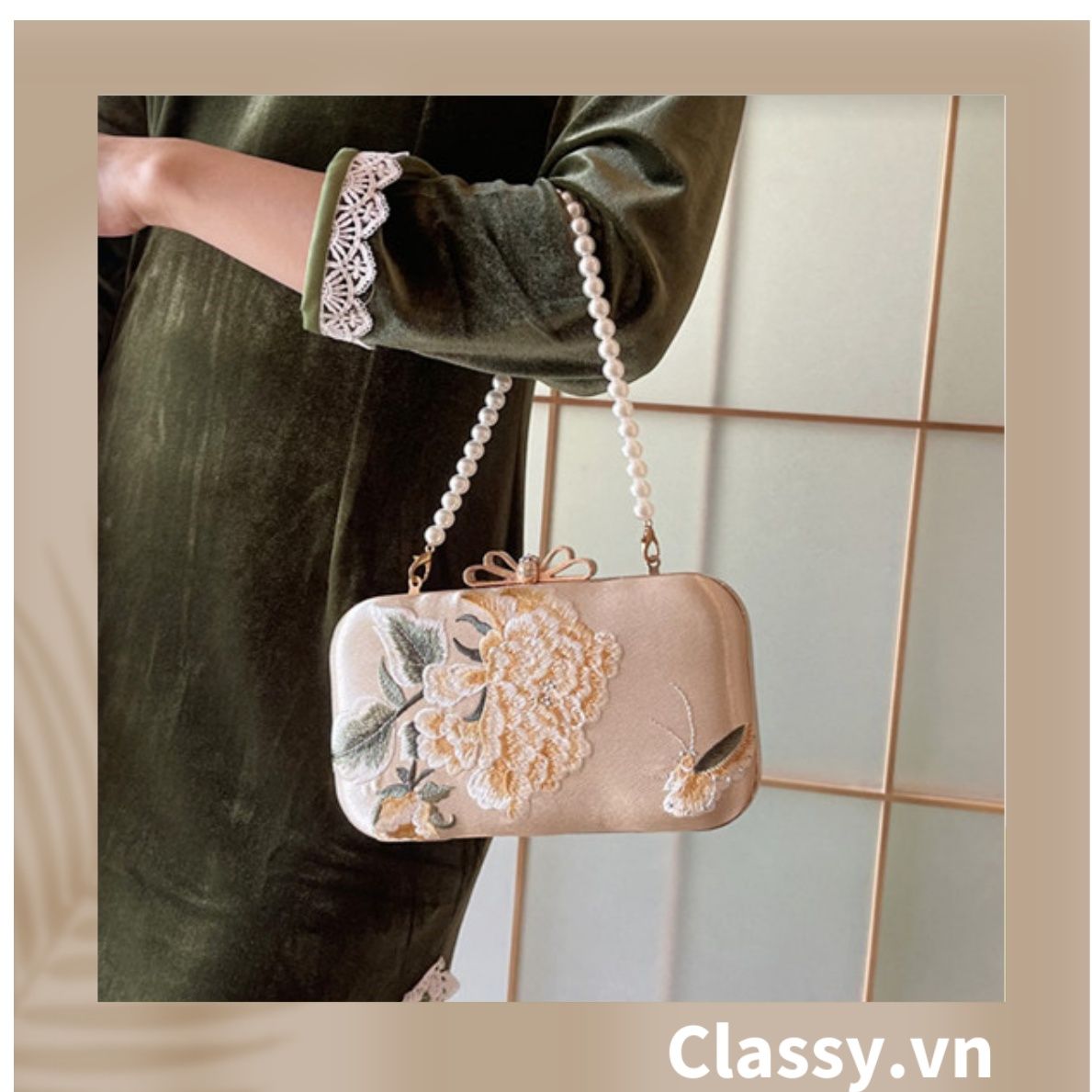  [GIAO HÀNG 7-23036 NGÀY]  Clutch cầm tay xỏ ngón thêu hoa thanh lịch trang nhã dành cho tiệc tối, mặc áo dài, dự sự kiện T158 