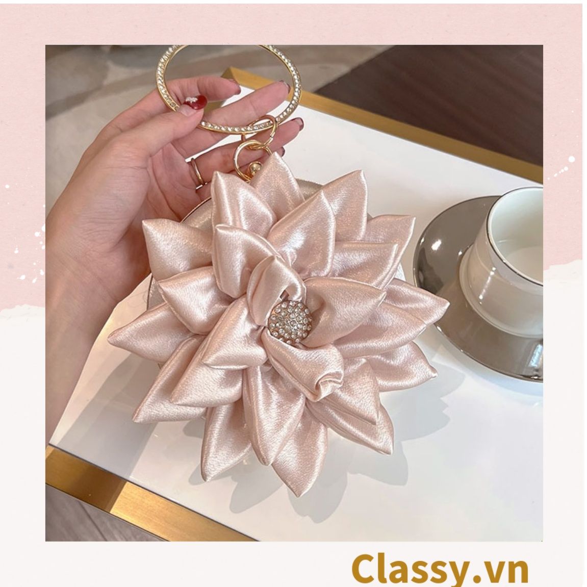  Cốp dự tiệc, Clutch cầm tay, Túi xách nữ đi tiệc Vintage Cánh hoa Lụa satin Hồng be tinh tế phù hợp dự tiệc, mặc áo dài, hẹn hò tối T199 