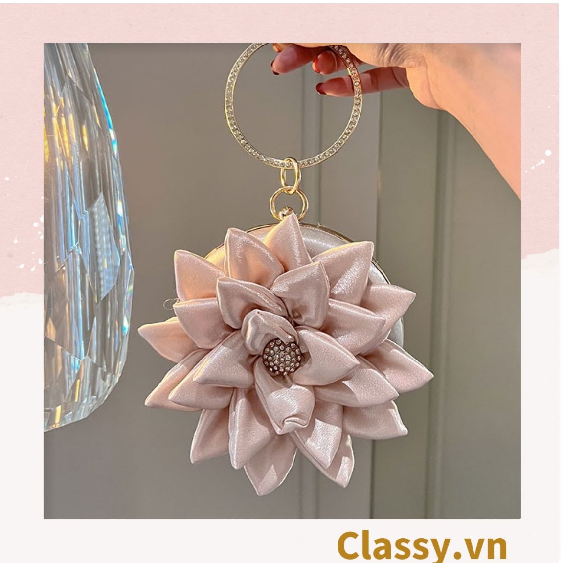  [GIAO HÀNG 7-25 NGÀY]  Cốp dự tiệc, Clutch cầm tay, Túi xách nữ đi tiệc Vintage Cánh hoa Lụa satin Hồng be tinh tế phù hợp dự tiệc, mặc áo dài, hẹn hò tối T199 