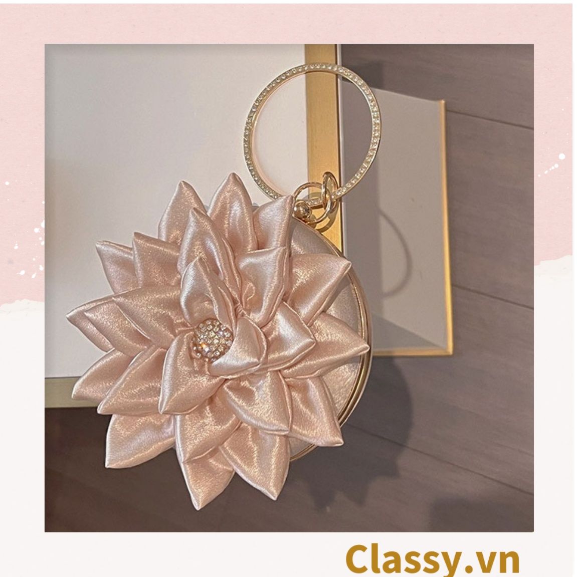  [GIAO HÀNG 7-25 NGÀY]  Cốp dự tiệc, Clutch cầm tay, Túi xách nữ đi tiệc Vintage Cánh hoa Lụa satin Hồng be tinh tế phù hợp dự tiệc, mặc áo dài, hẹn hò tối T199 