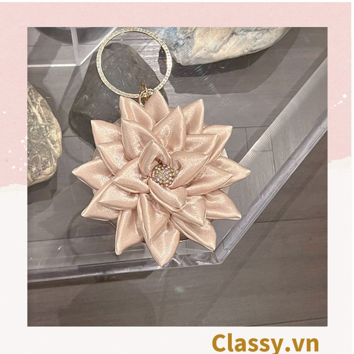  [GIAO HÀNG 7-25 NGÀY]  Cốp dự tiệc, Clutch cầm tay, Túi xách nữ đi tiệc Vintage Cánh hoa Lụa satin Hồng be tinh tế phù hợp dự tiệc, mặc áo dài, hẹn hò tối T199 