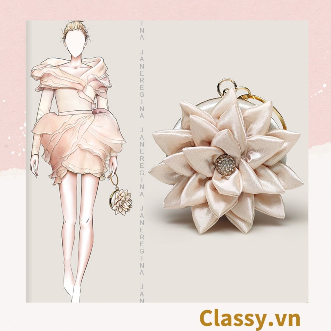  [GIAO HÀNG 7-25 NGÀY]  Cốp dự tiệc, Clutch cầm tay, Túi xách nữ đi tiệc Vintage Cánh hoa Lụa satin Hồng be tinh tế phù hợp dự tiệc, mặc áo dài, hẹn hò tối T199 