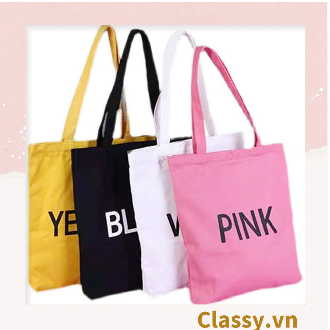  Túi vải Canvas 38 * 34 cm Bốn Màu in chữ White, Pink, Black, Yellow, Thân thiện với môi trường T222 