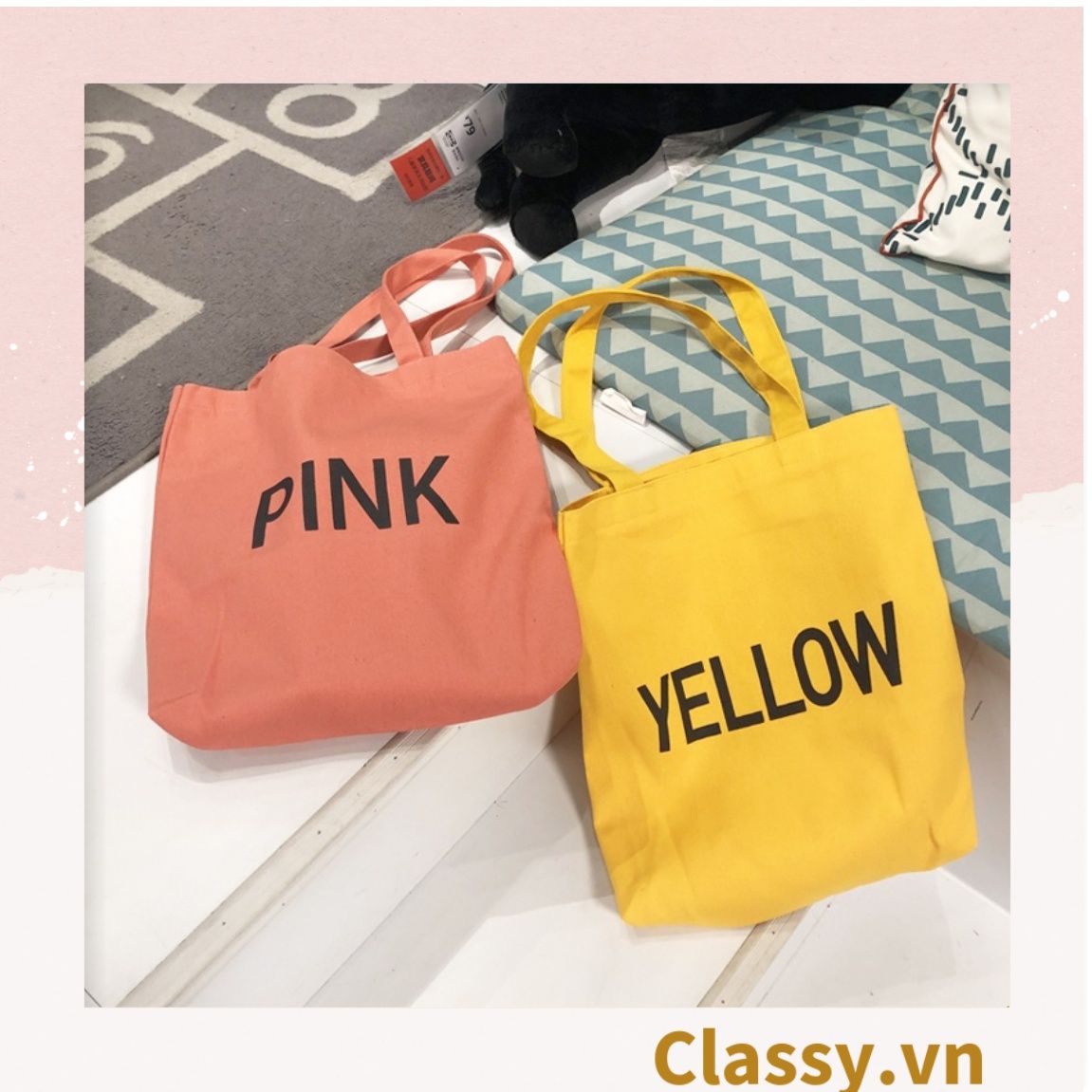  Túi vải Canvas 38 * 34 cm Bốn Màu in chữ White, Pink, Black, Yellow, Thân thiện với môi trường T222 