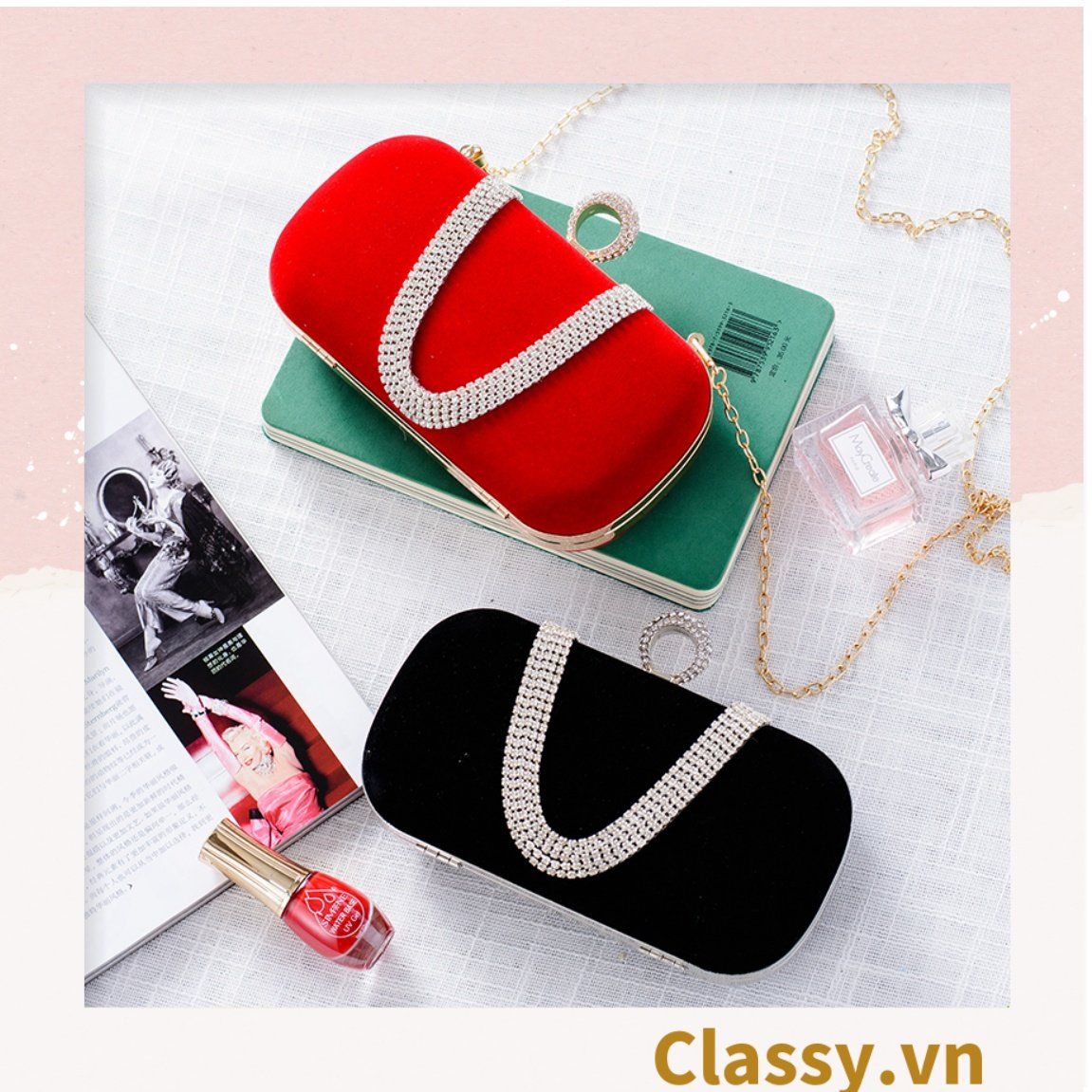  [GIAO HÀNG 7-23580 NGÀY]  Cốp nhung - Clutch nhung đi tiệc siêu sang Dài 18 CM X Cao 6 CM, đựng vừa điện thoại, son môi 