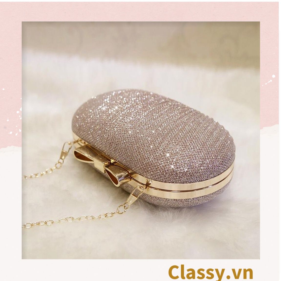  Clutch cầm tay đi tiệc màu be hình bầu dục , đính đá sequin lấp lánh T589 