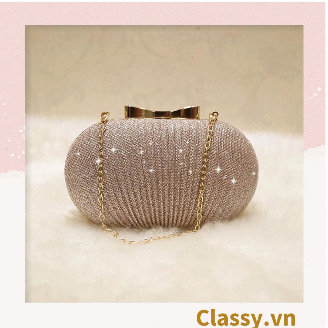  Clutch cầm tay đi tiệc màu be hình bầu dục , đính đá sequin lấp lánh T589 