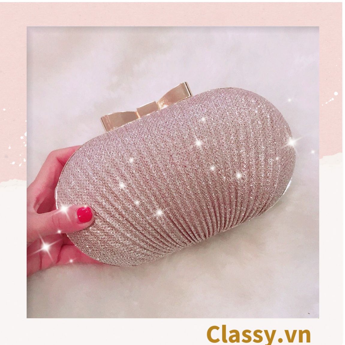  Clutch cầm tay đi tiệc màu be hình bầu dục , đính đá sequin lấp lánh T589 