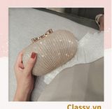  Clutch cầm tay đi tiệc màu be hình bầu dục , đính đá sequin lấp lánh T589 