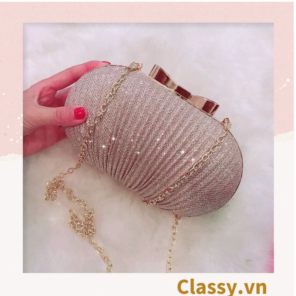  Clutch cầm tay đi tiệc màu be hình bầu dục , đính đá sequin lấp lánh T589 