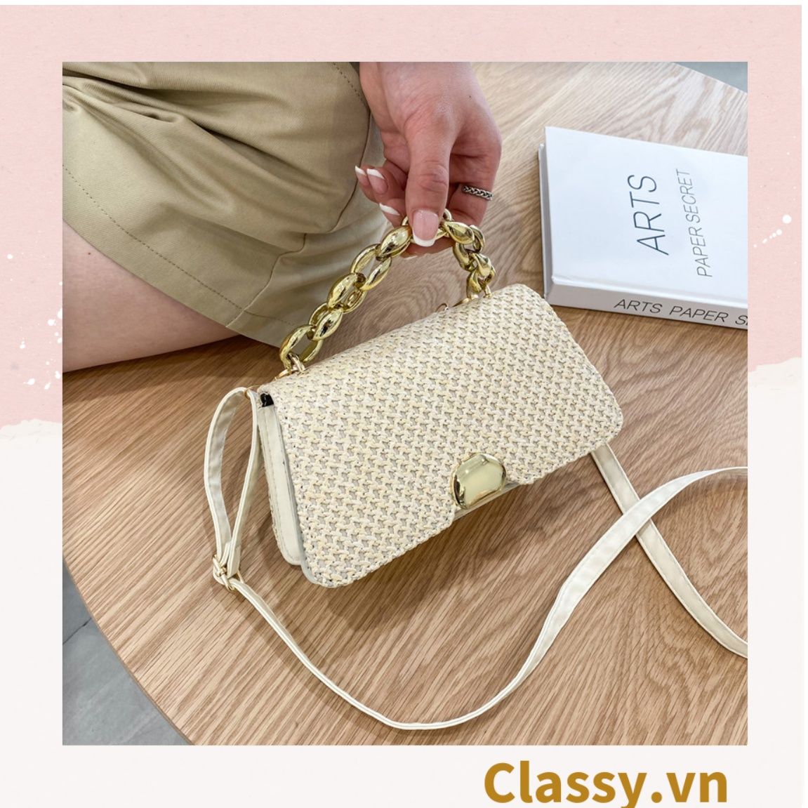  [GIAO HÀNG 7-16821 NGÀY]  Túi đeo chéo hình hộp trơn màu, họa tiết khóa hạt kim loại cực xinh, mẫu mới nhất T593 