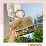  [GIAO HÀNG 7-14880 NGÀY]  Giỏ đệm nắp quai gỗ sang chảnh tiểu thư, làm từ cỏ bàng 100% thiên nhiên, từ bàn tay thợ thủ công Việt Nam T983 