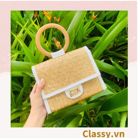  Giỏ đệm nắp quai gỗ sang chảnh tiểu thư, làm từ cỏ bàng 100% thiên nhiên, từ bàn tay thợ thủ công Việt Nam T983 