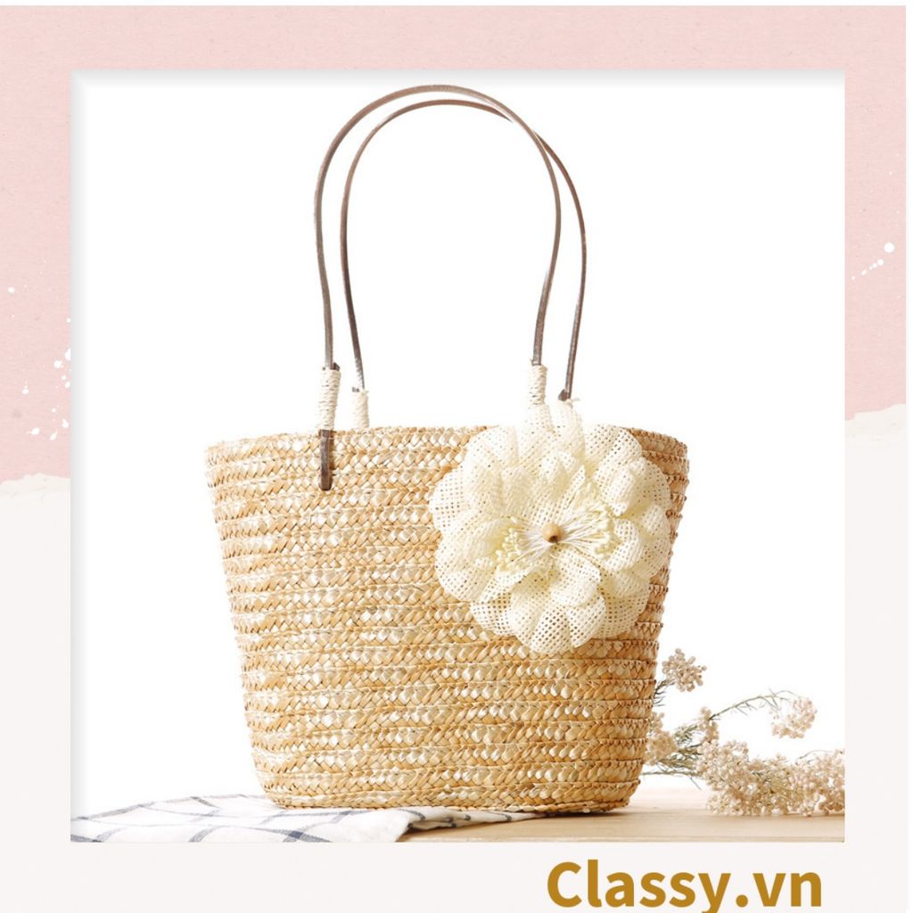  [GIAO HÀNG 7-25 NGÀY] Túi cói hình xô đi biển kiểu dáng Vintage, đính kèm hoa trà xinh xắn T993 (Hàng loại 1) 