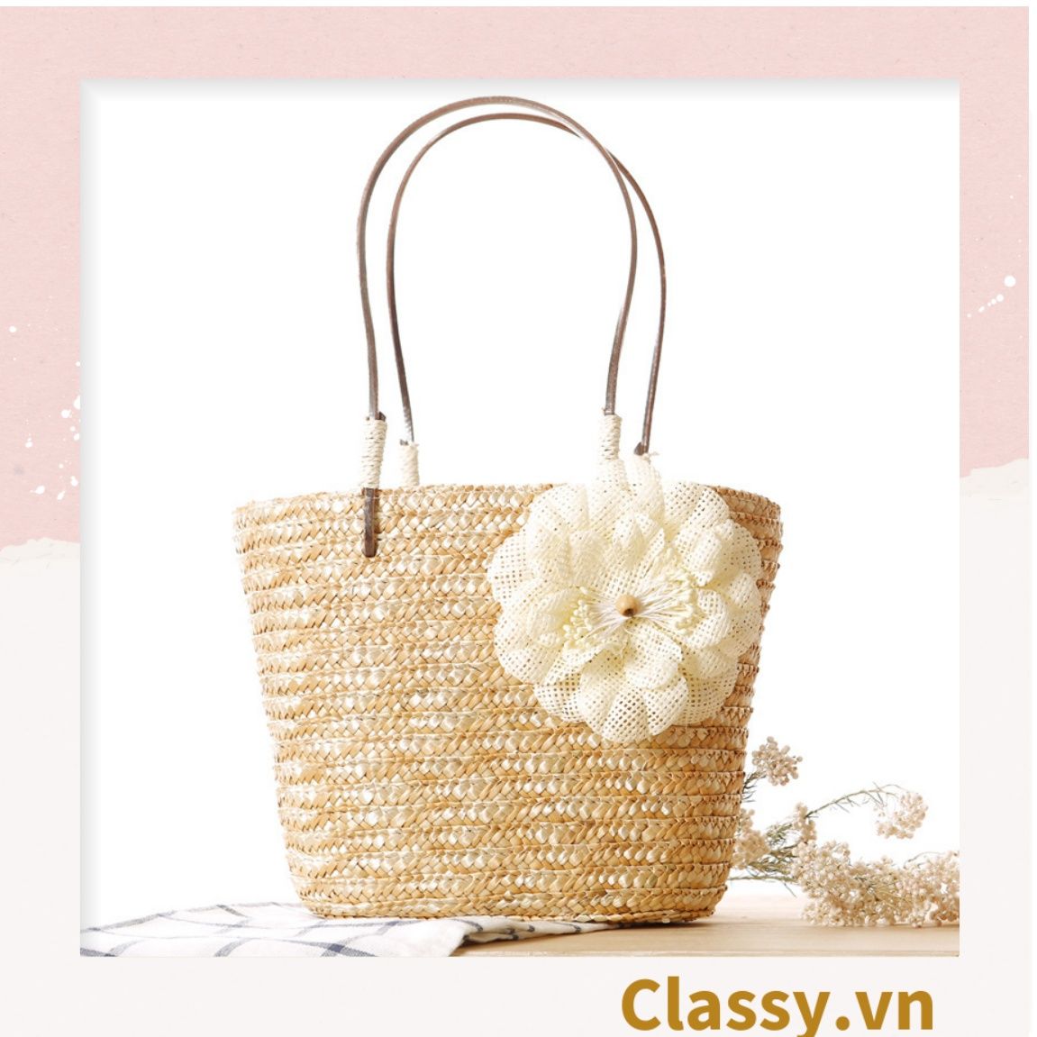  Túi cói hình xô đi biển kiểu dáng Vintage, đính kèm hoa trà xinh xắn T993 (Hàng loại 1) 