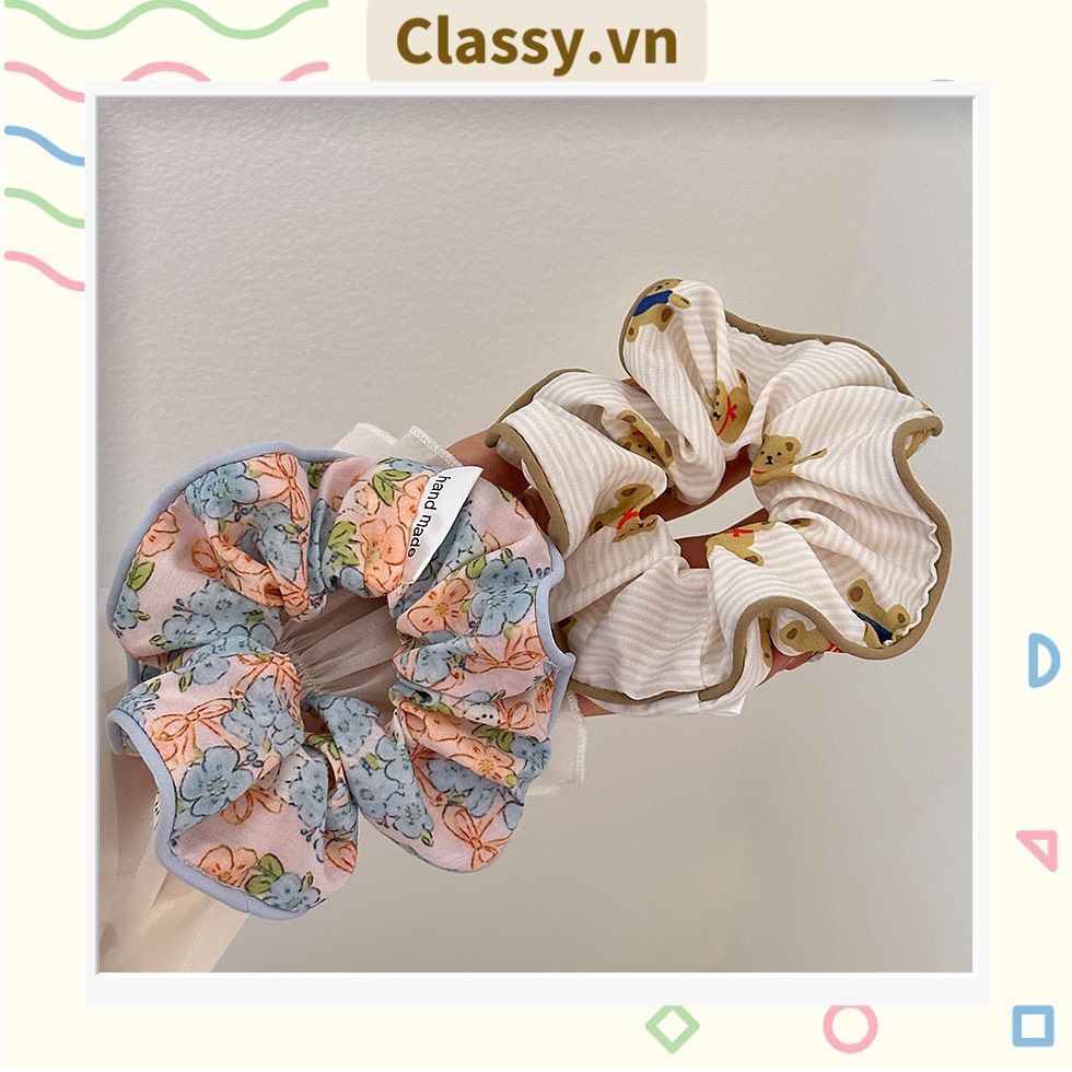  [GIAO HÀNG 7-25 NGÀY] Dây cột tóc Classy scrunchies to bản xếp li hoa viền trắng nữ tính, thanh lịch dành cho nữ PK1869 