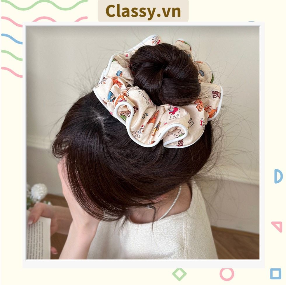  [GIAO HÀNG 7-25 NGÀY] Dây cột tóc Classy scrunchies to bản xếp li hoa viền trắng nữ tính, thanh lịch dành cho nữ PK1869 